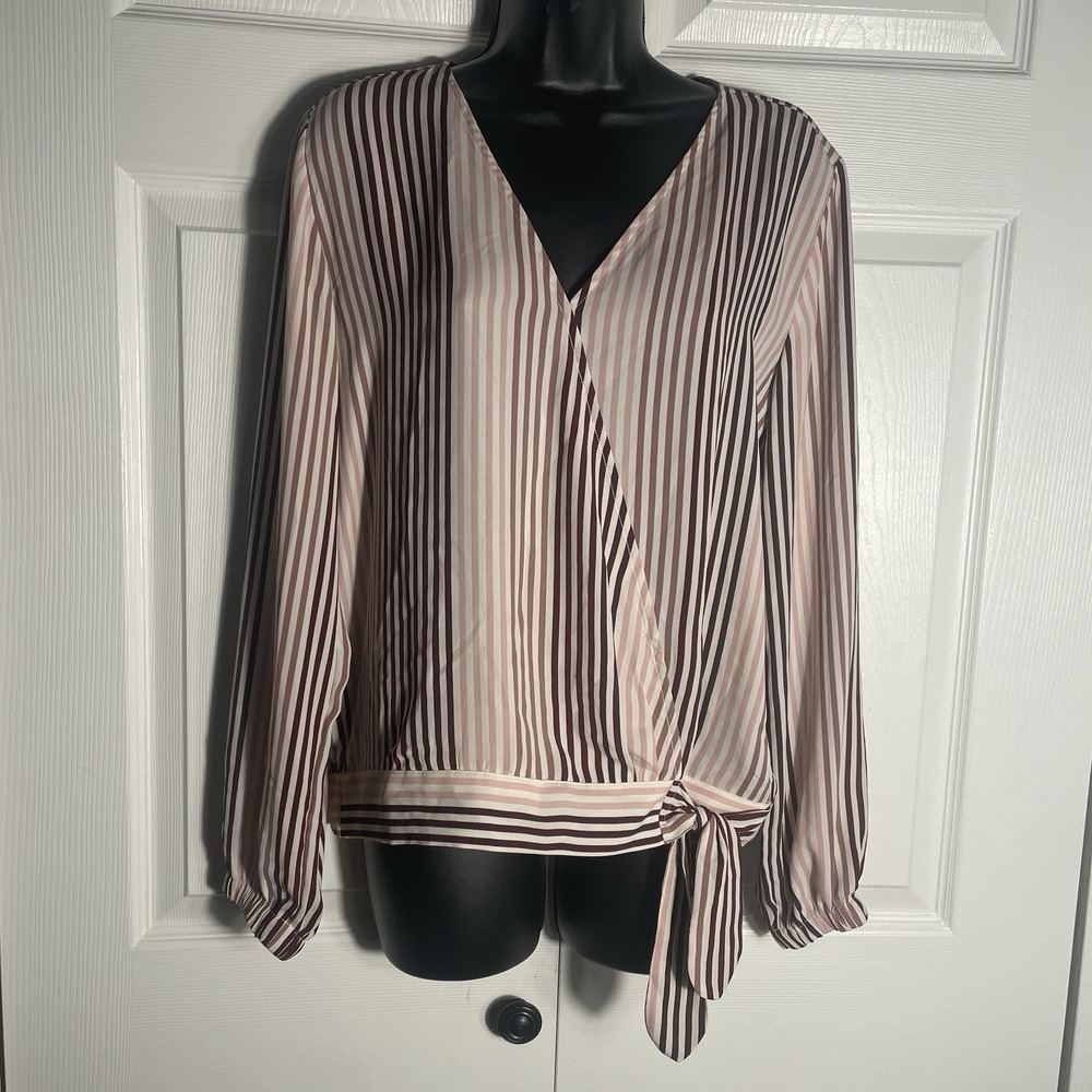 Ann Taylor Loft Outlet Striped‎ Faux Wrap Shirt Women S Pink Striped Long Sleeve